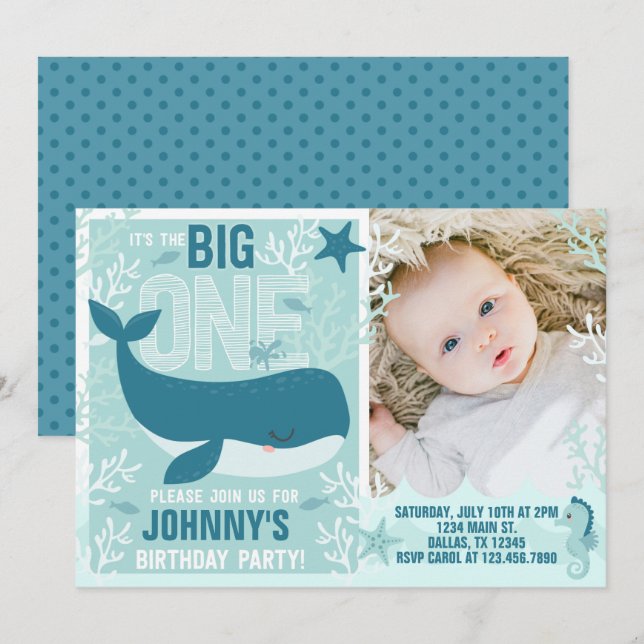 Whale 1st Birthday Party Invitation Invite (Front/Back)