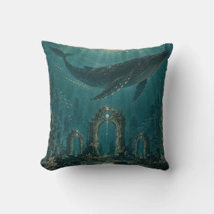 Whale Above Teal Underwater Ruins Throw Pillow