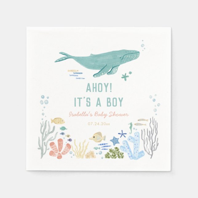 Whale Ahoy It's A Boy Baby Shower Napkins (Front)