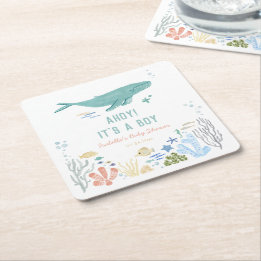 Whale Ahoy It's A Boy Baby Shower Square Paper Coaster