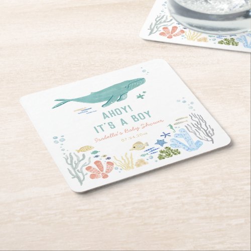 Whale Ahoy Its A Boy Baby Shower Square Paper Coaster