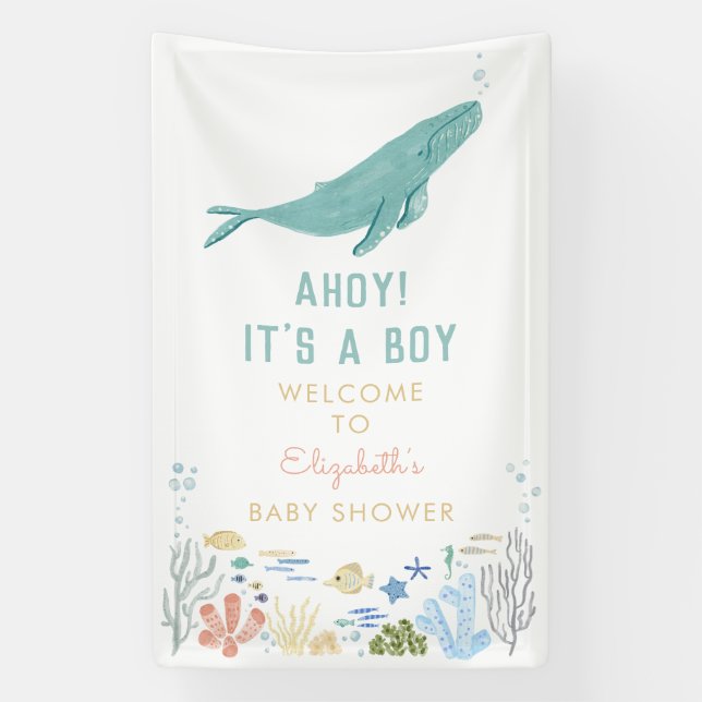 Whale Ahoy! It's A Boy Baby Shower Welcome Banner (Vertical)