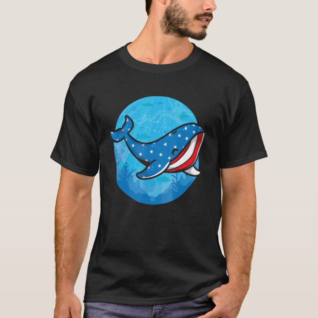 Whale American Flag Biologist USA  Blue Whale Sea  T-Shirt (Front)