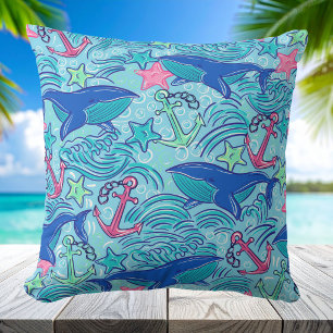 Whale Anchor Starfish Coastal / Preppy Nautical Throw Pillow
