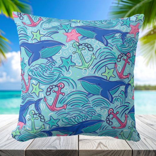 Whale Anchor Starfish Coastal / Preppy Nautical Throw Pillow