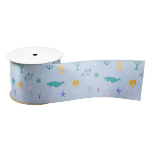 Whale, Anchors, Corals and Seaweed Pattern Satin R Satin Ribbon