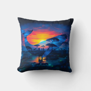 Whale and African Wildlife Sunset Double Exposure Throw Pillow