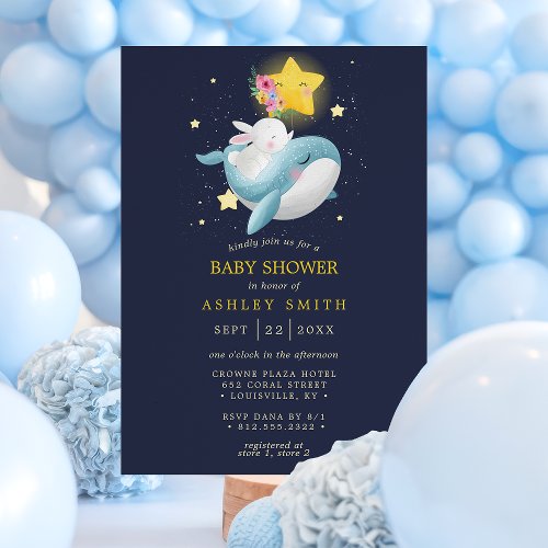 Whale And Bunny Navy Stars Baby Shower Invitation