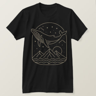 Whale and Mountain Night Minimalist Line Art T-Shirt