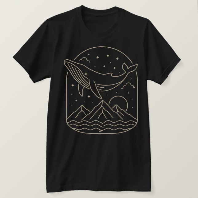 Whale and Mountain Night Minimalist Line Art T-Shirt (Design Front)