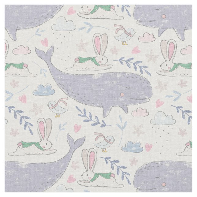 Whale and Rabbit Winter Wonderland Fabric (Close Up)