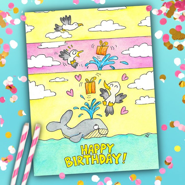 Whale and Seagull Happy Birthday Postcard (Creator Uploaded)