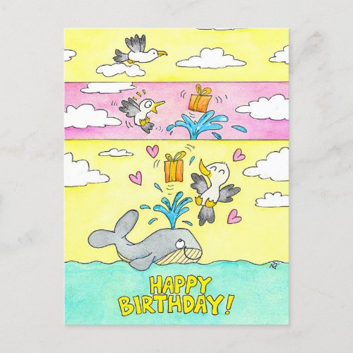 Whale and Seagull Happy Birthday Postcard