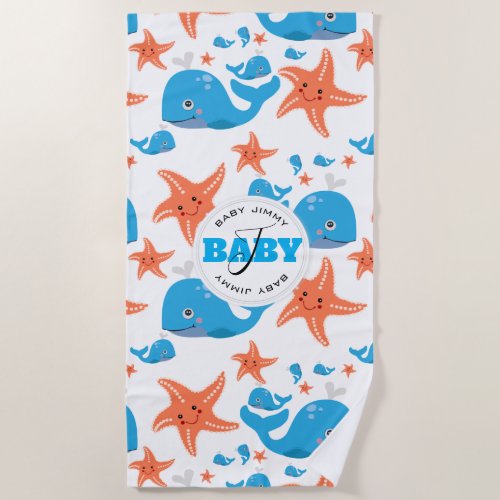 Whale and Starfish Baby Monogram Pattern Beach Towel