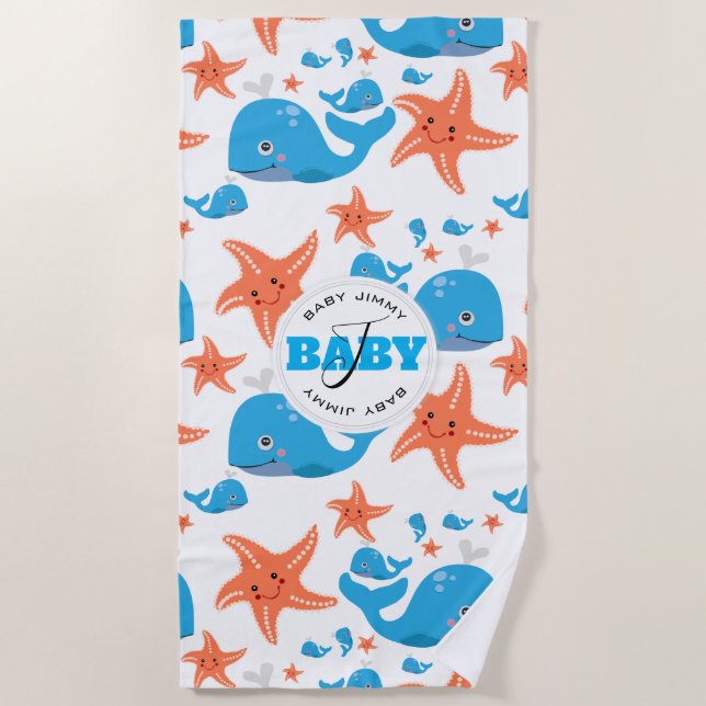Whale and Starfish Baby Monogram Pattern Beach Towel (Front)