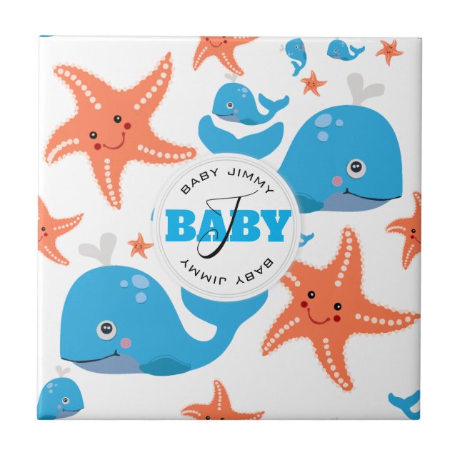 Whale and Starfish Baby Monogram Pattern Ceramic Tile (Front)