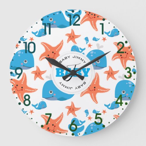 Whale and Starfish Baby Monogram Pattern Large Clock