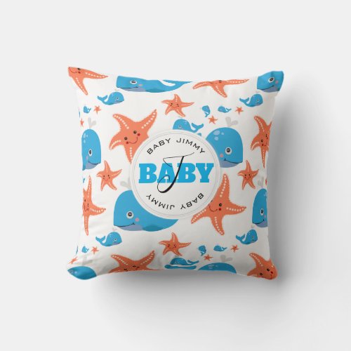 Whale and Starfish Baby Monogram Pattern Throw Pillow