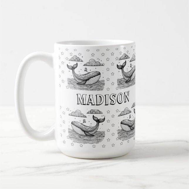 Whale and Stars Pattern Kids Personalized Coloring Coffee Mug (Left)