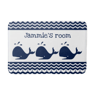 Whale and waves Blue and White Custom Bath Mat