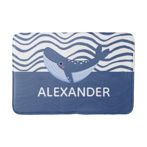 Whale and waves Blue and White Custom  Bath Mat