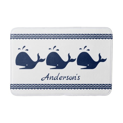 Whale and waves Blue and White personalized Bath Mat