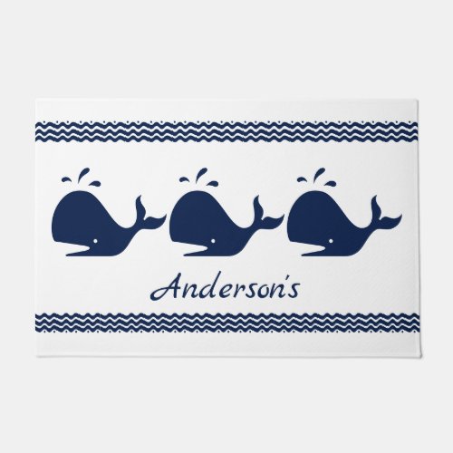 Whale and waves Blue and White personalized Doormat