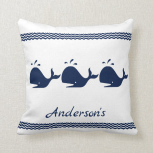 Whale and waves Blue and White Throw Pillow