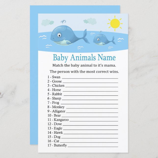 Whale Baby Animals Name Game (Front/Back)