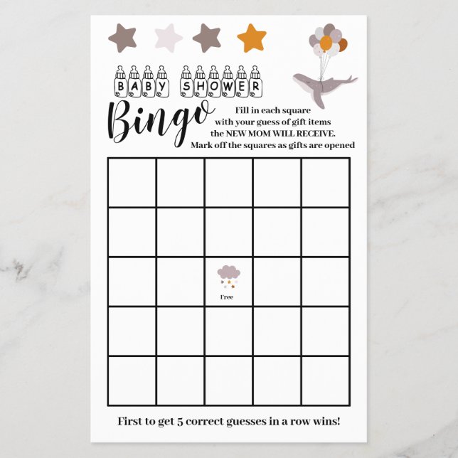 Whale Baby Shower Beautiful Dream Bingo Game Card Flyer (Front)