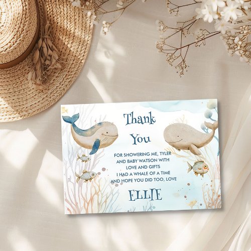 Whale Baby Shower Blue Beige Watercolor Thank You Card