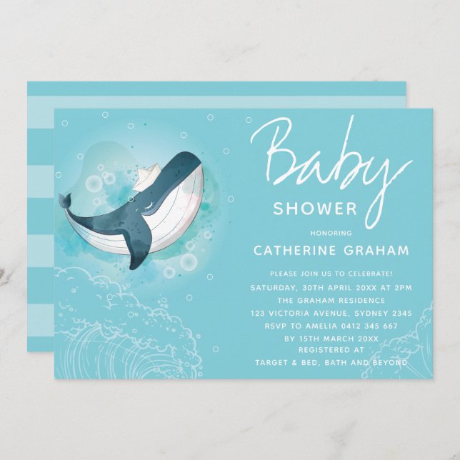 Whale Baby Shower Blue Invitation (Front/Back)