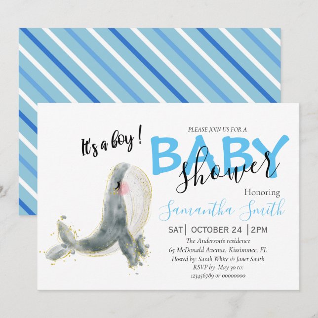 whale Baby Shower boy  Announcement (Front/Back)