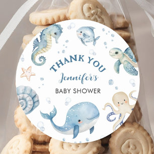 Whale Baby Shower Boy Blue Ocean Sea Classic Round Sticker