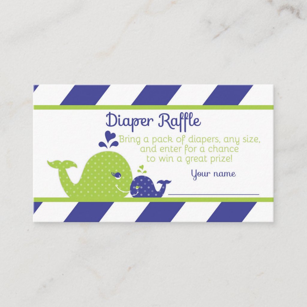 Whale Baby Shower Diaper Raffle Ticket, Navy Green Enclosure Card