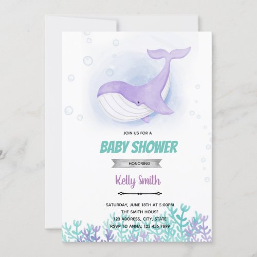 Whale baby shower girl invitation