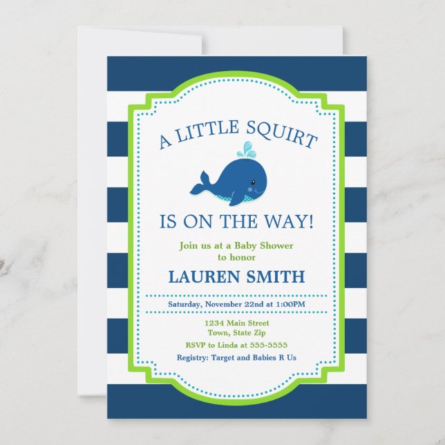 Whale Baby Shower Invitation Baby Boy (Front)