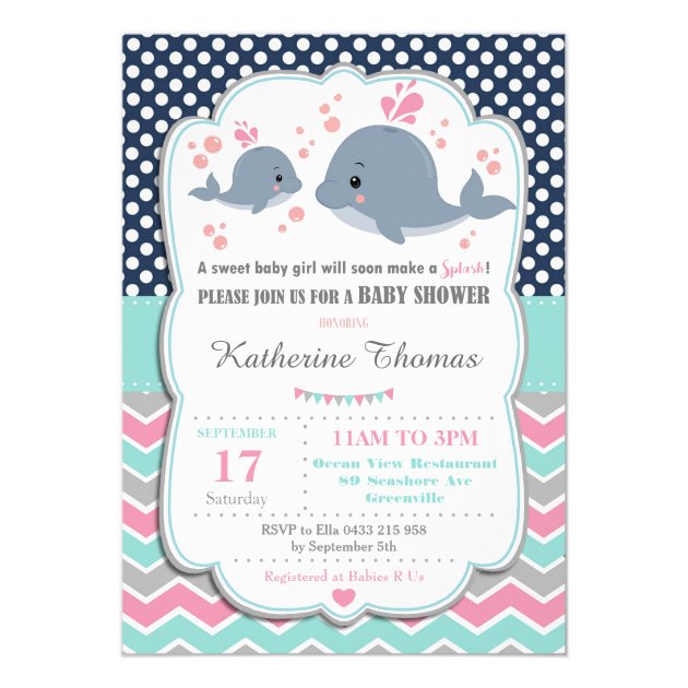 Whale Baby Shower Invitation Baby Girl Pink Polka
