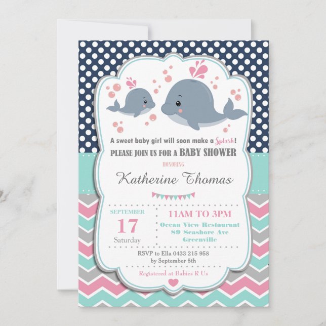 Whale Baby Shower Invitation Baby Girl Pink Polka (Front)