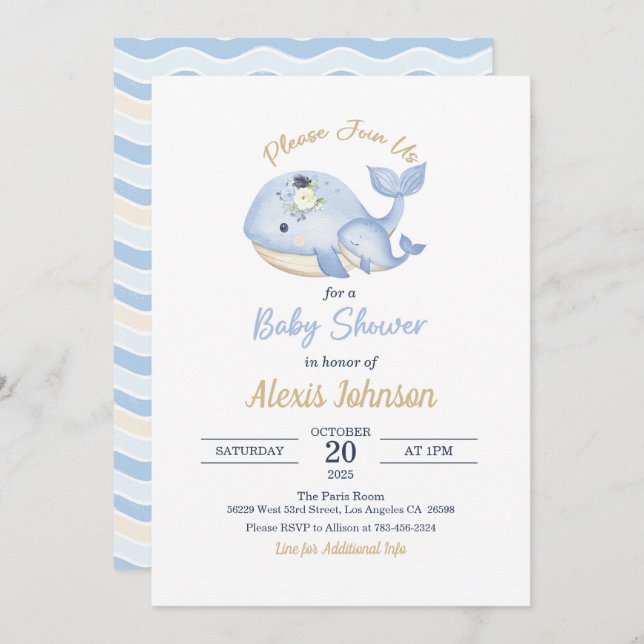 Whale Baby Shower Invitation for Boy (Front/Back)