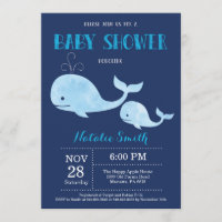 Whale Baby Shower Invitation Navy Blue.Nautical