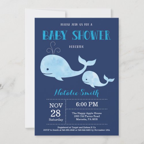 Whale Baby Shower Invitation Navy BlueNautical