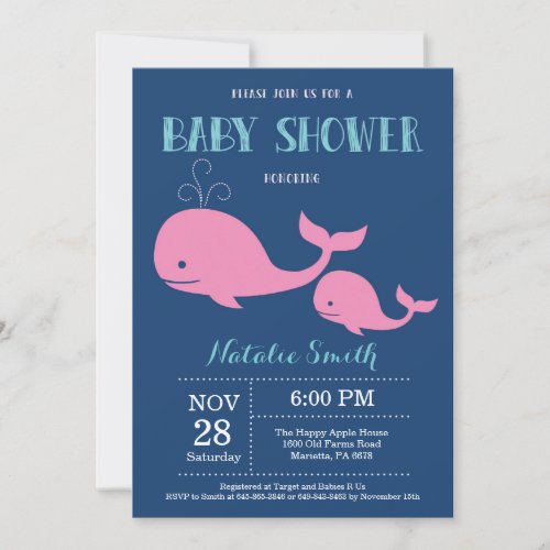 Whale Baby Shower Invitation Navy BlueNautical