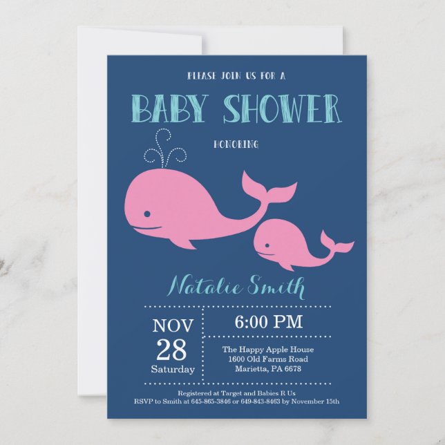 Whale Baby Shower Invitation Navy Blue.Nautical (Front)