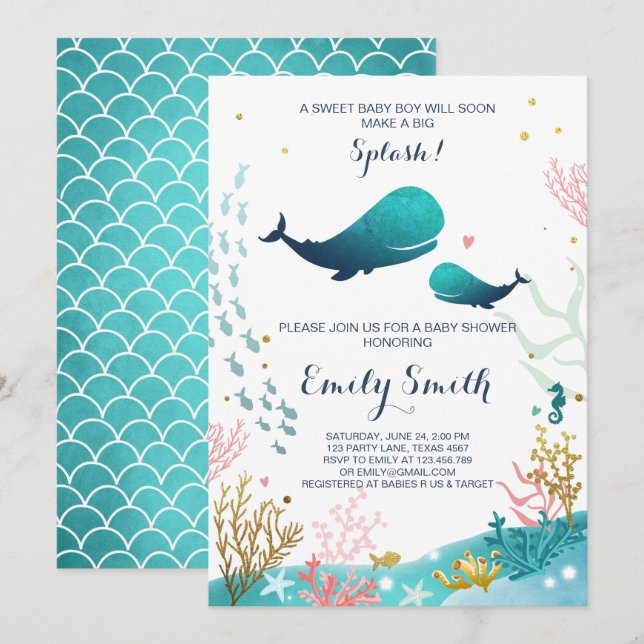 Whale Baby Shower Invitation Ocean Ahoy Boy Cute (Front/Back)