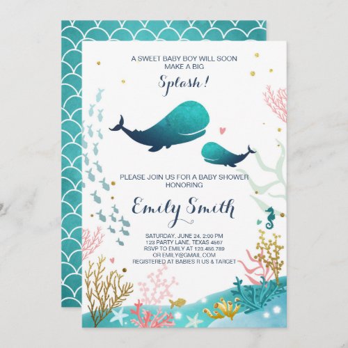 Whale Baby Shower Invitation Ocean Ahoy Boy Cute