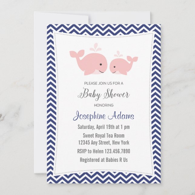 Whale Baby Shower Invitation Pink Navy Blue (Front)