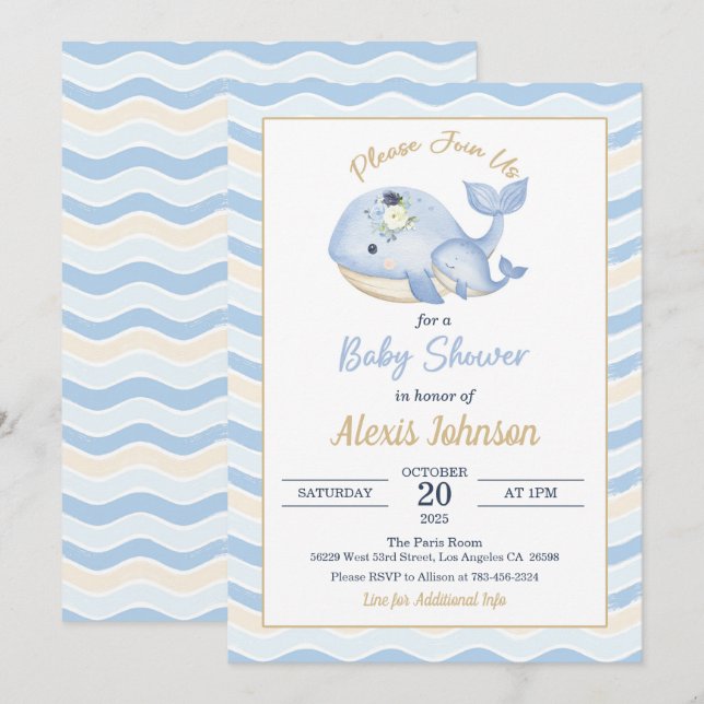 Whale Baby Shower Invitation Wavy Background (Front/Back)