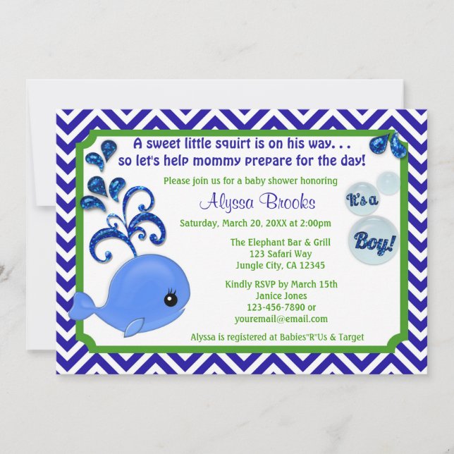 Whale Baby Shower Invitations Chevron Blue Green (Front)