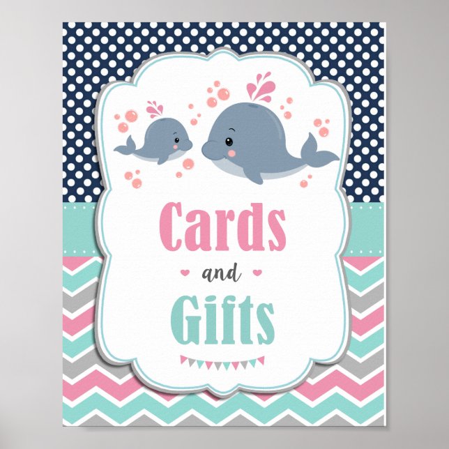 Whale Baby Shower Nautical Cards and Gifts Sign (Front)